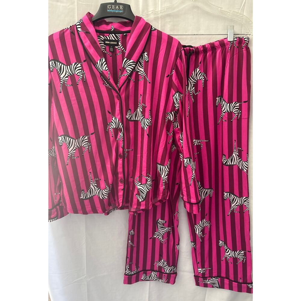 Room Service Womens Pajamas, Zebra Striped - Pink - Top Bottom Size Large